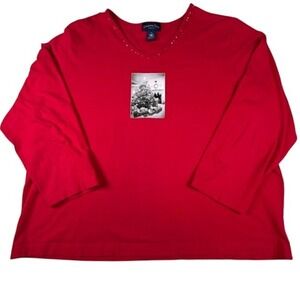 Charter Club Women's Red V-Neck 3/4 Sleeve Christmas Plus Size Shirt 2X